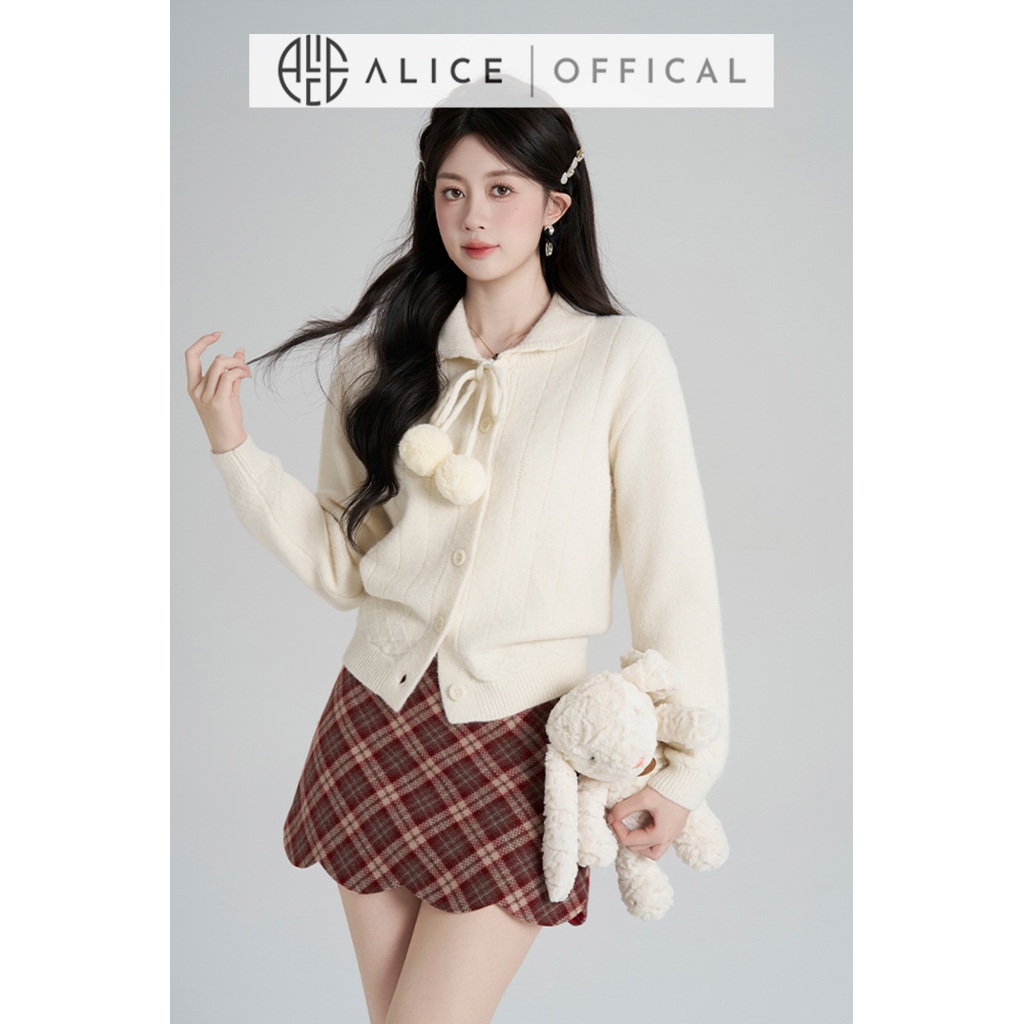 Áo Len Dệt Kim Cao Cấp Alice, Thiết Kế Cổ Bẻ Phối Dây Nơ Nữ Tính, Áo Bo Gấu Tay Dài Bồng A1035