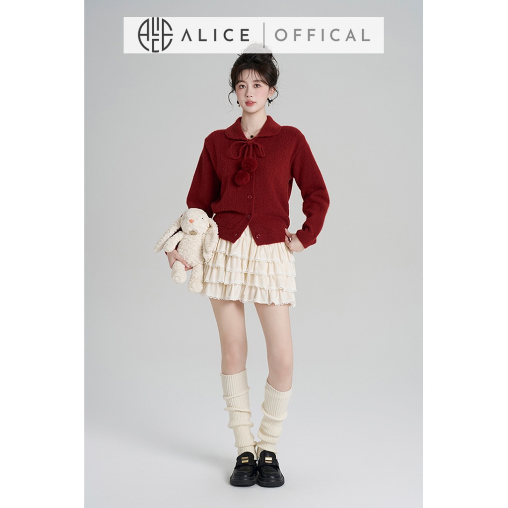 Áo Len Dệt Kim Cao Cấp Alice, Thiết Kế Cổ Bẻ Phối Dây Nơ Nữ Tính, Áo Bo Gấu Tay Dài Bồng A1035