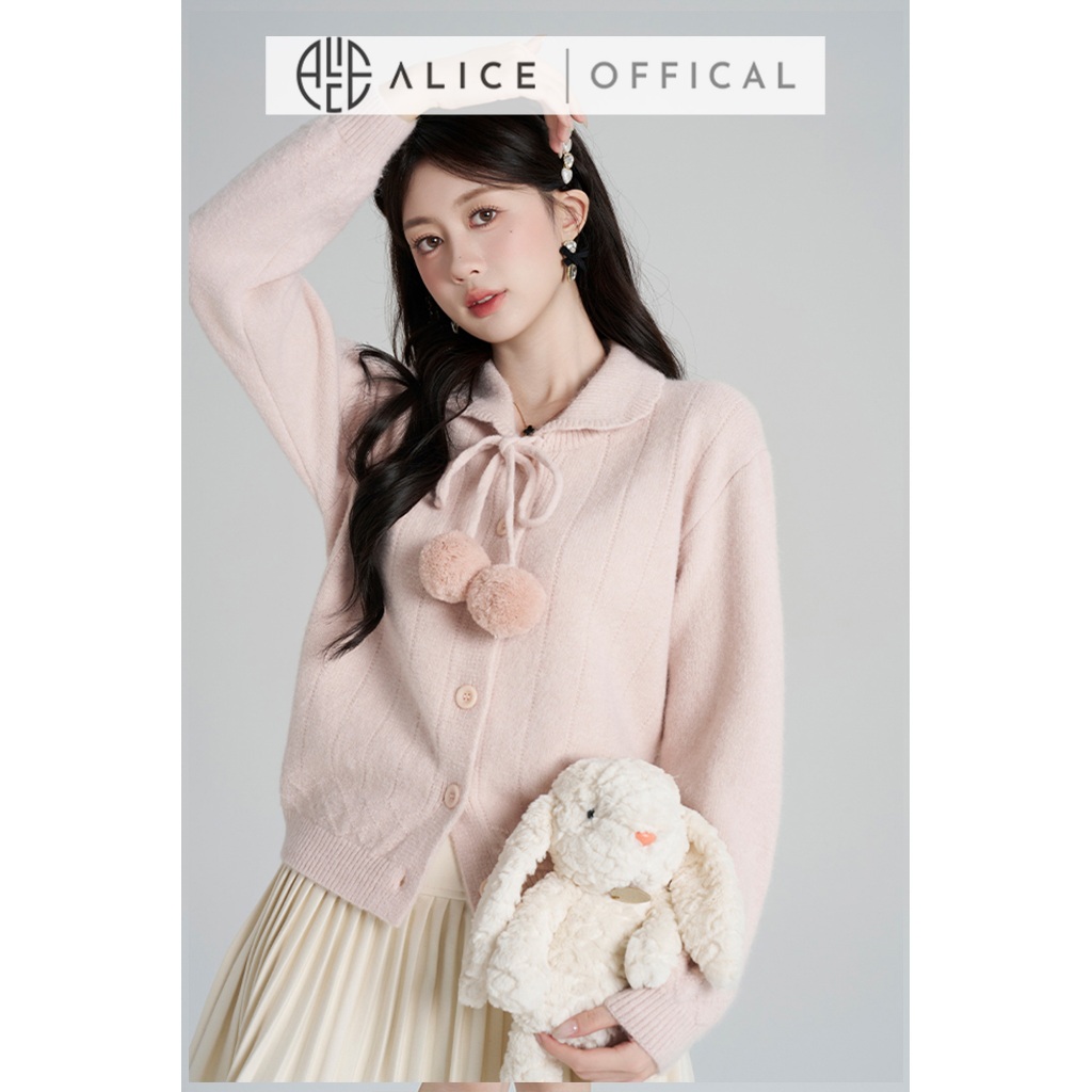 Áo Len Dệt Kim Cao Cấp Alice, Thiết Kế Cổ Bẻ Phối Dây Nơ Nữ Tính, Áo Bo Gấu Tay Dài Bồng A1035