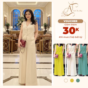 Set Thô Đũi Nữ Áo Vest Cài Cúc Kèm Quần Suông Ống Rộng Sang Trọng Hiện Đại, Chất Đũi Mềm Thoáng Mát- Anh Thư Shop (AT25)