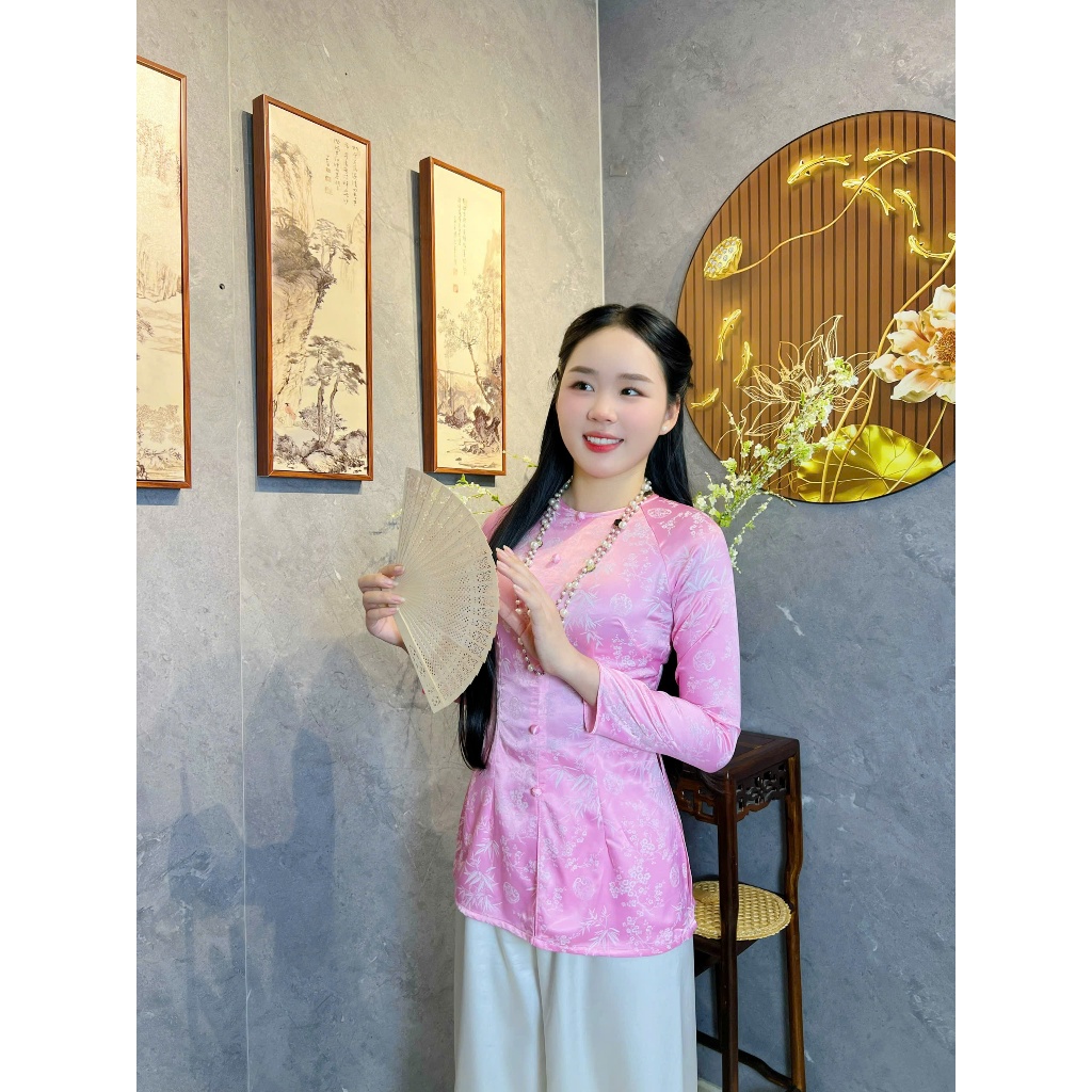 B.A174 - Áo Bà Ba Gấm Đồng Tiền Lá Trúc Cổ Tròn Nút Bọc Nụ Dây Kéo (QUẦN NGỌC TRAI)