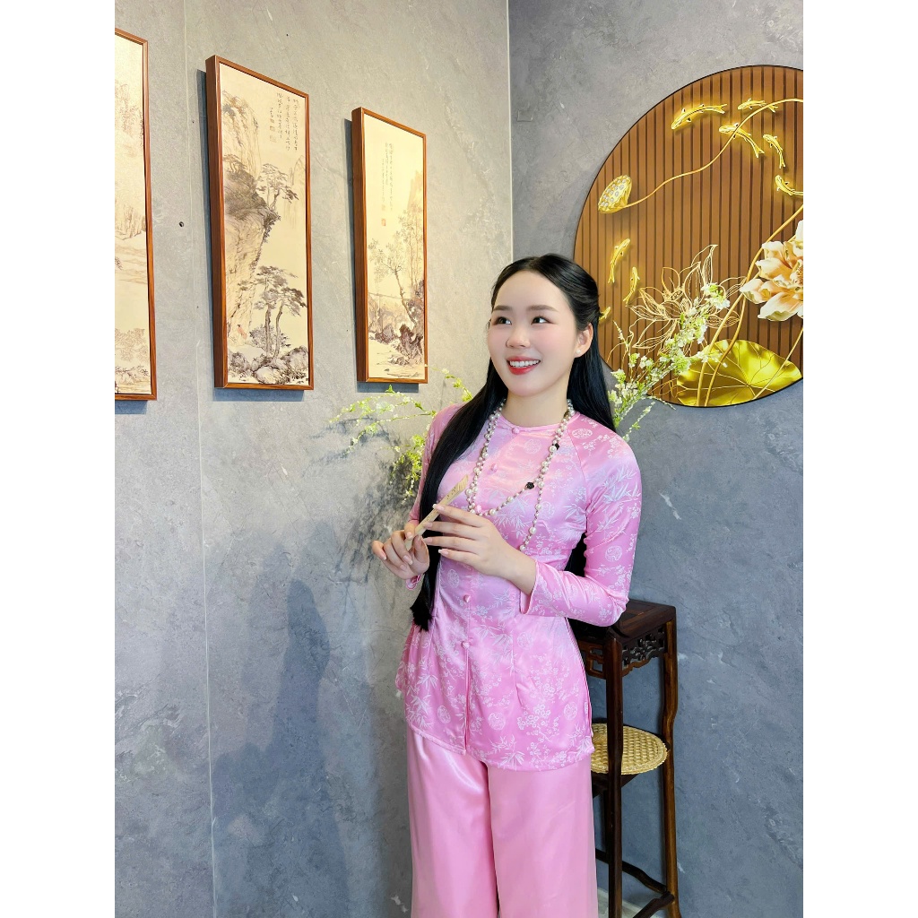 B.A174 - Áo Bà Ba Gấm Đồng Tiền Lá Trúc Cổ Tròn Nút Bọc Nụ Dây Kéo (QUẦN NGỌC TRAI)