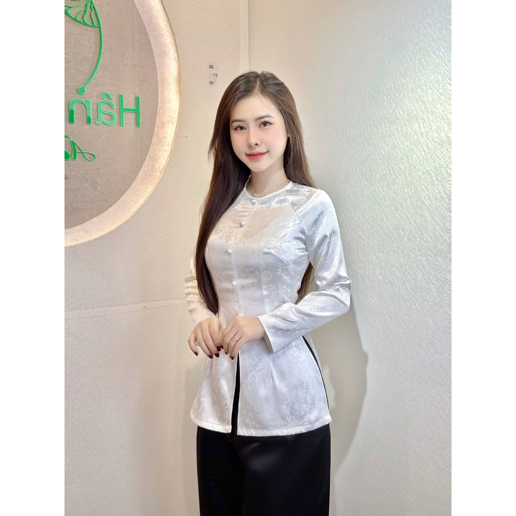 B.A174 - Áo Bà Ba Gấm Đồng Tiền Lá Trúc Cổ Tròn Nút Bọc Nụ Dây Kéo (QUẦN NGỌC TRAI)