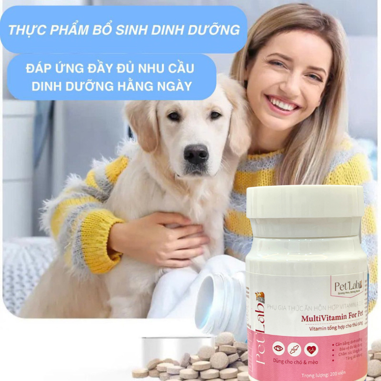 Vitamin cho chó mèo PET LAB, bổ sung 11 loại vitamin, khoáng chất giúp thú cưng tăng sức đề kháng, lọ 200 viên