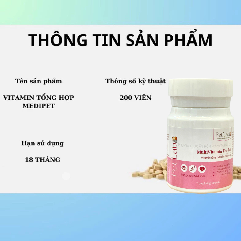 Vitamin cho chó mèo PET LAB, bổ sung 11 loại vitamin, khoáng chất giúp thú cưng tăng sức đề kháng, lọ 200 viên