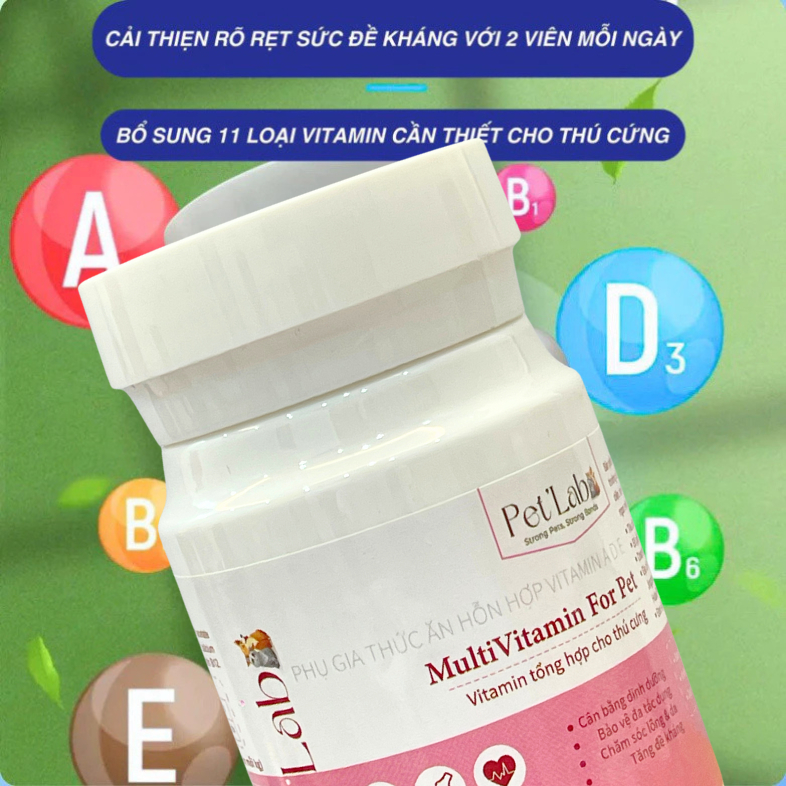 Vitamin cho chó mèo PET LAB, bổ sung 11 loại vitamin, khoáng chất giúp thú cưng tăng sức đề kháng, lọ 200 viên
