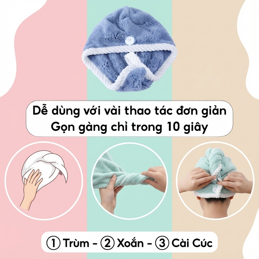 Khăn Quấn Tóc Nhanh Khô Tiện Lợi JYoohome Mũ Ủ Tóc Siêu Thấm Hút Bảo Vệ Tóc Giảm Hư Tổn Hiệu Quả