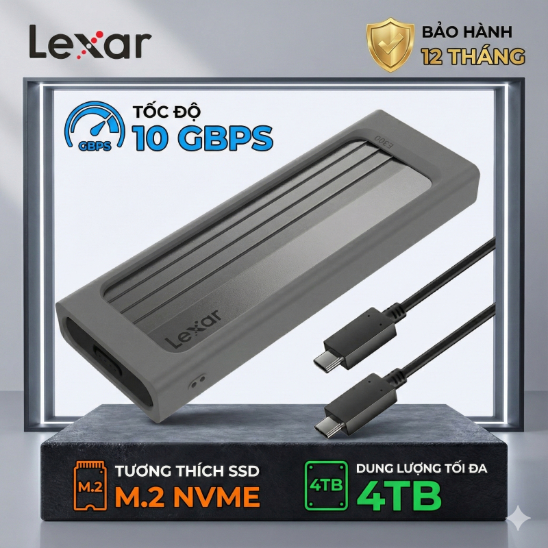 Box ổ cứng Lexar E300 M.2 SSD Enclosure hỗ trợ NVMe SSD 2280/2260/2242/2230, USB 3.2 Gen 2 Cao Cấp