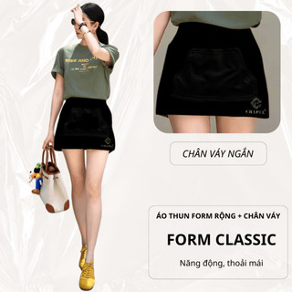 Set Bộ Áo Thun Nữ CHEPOL Form Rộng, Cổ Tròn, Phối Chân Váy, In Chữ, Chất Cotton (Áo Thun Xanh Rêu+Chân Váy Ngắn)CP_x9092