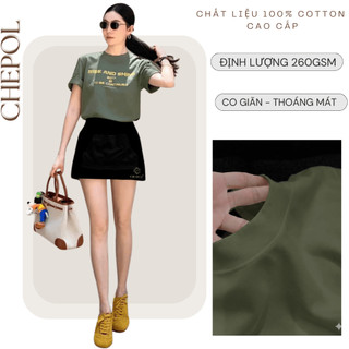 Set Bộ Áo Thun Nữ CHEPOL Form Rộng, Cổ Tròn, Phối Chân Váy, In Chữ, Chất Cotton (Áo Thun Xanh Rêu+Chân Váy Ngắn)CP_x9092