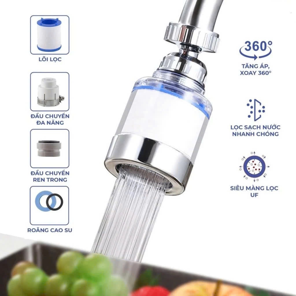 Vòi Lọc Nước Đa Năng – Đầu Lọc Tăng Áp Xoay 360 Độ, Bộ Lọc Nối Vòi Bồn Rửa Bát - LỌC NƯỚC TẠI VÒI