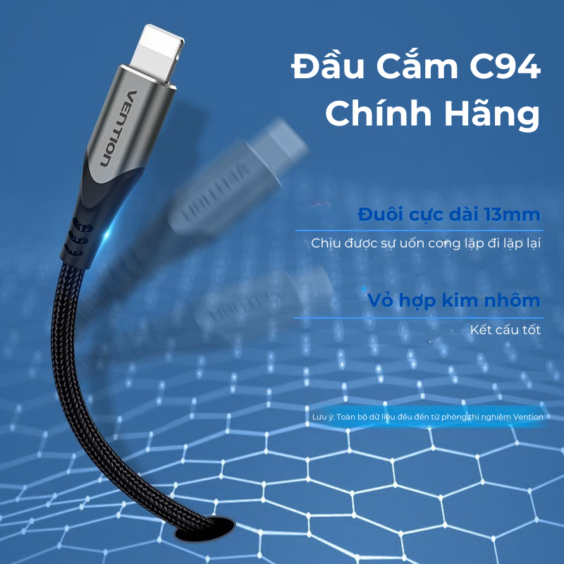 Cáp Sạc Nhanh 27W Vention Type C to Light, Đầu Cắm Nhôm Vỏ Bọc Dù Chống Đứt Gãy Truyền Dữ Liệu 480Mbps Cho Phone 8-14