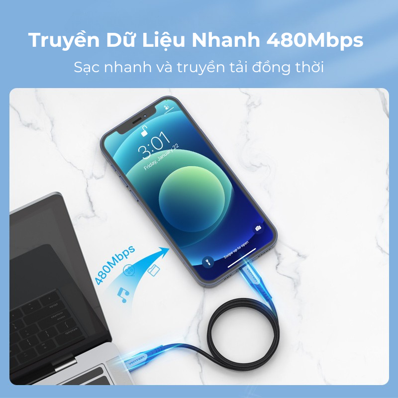 Cáp Sạc Nhanh 27W Vention Type C to Light, Đầu Cắm Nhôm Vỏ Bọc Dù Chống Đứt Gãy Truyền Dữ Liệu 480Mbps Cho Phone 8-14