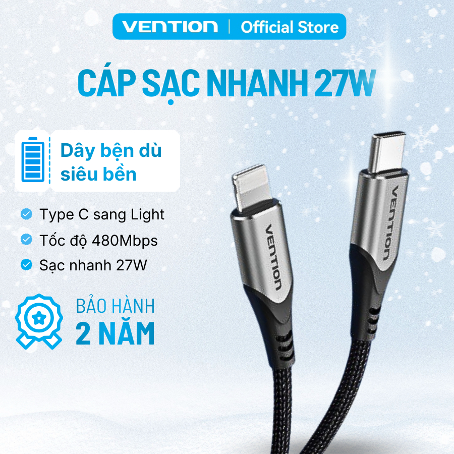 Cáp Sạc Nhanh 27W Vention Type C to Light, Đầu Cắm Nhôm Vỏ Bọc Dù Chống Đứt Gãy Truyền Dữ Liệu 480Mbps Cho Phone 8-14