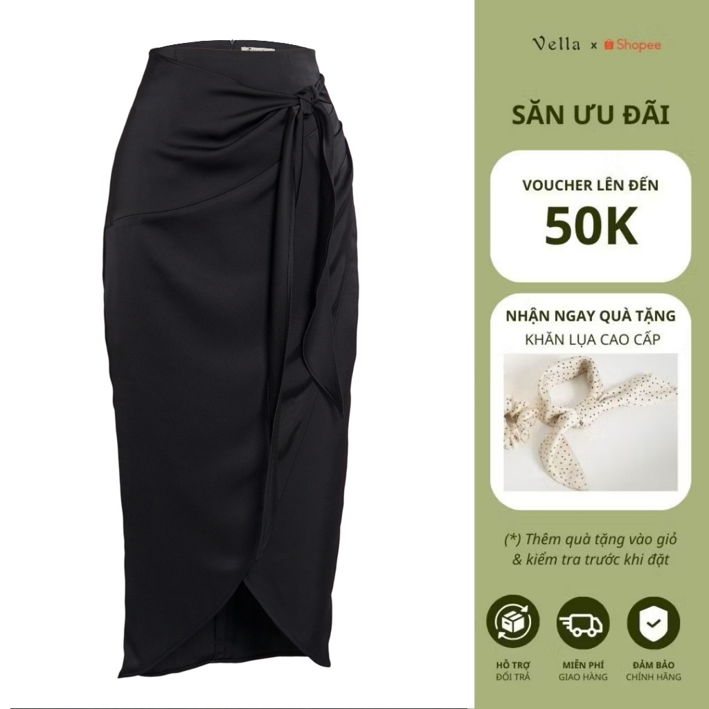 Chân váy bút chì lụa công sở dáng dài thắt nơ che bụng màu đen, đỏ Vella VV25089