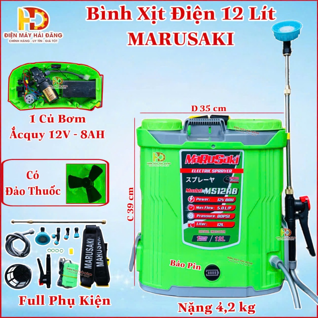 Bình xịt điện 12 Lít - Có Đảo Thuốc - MARUSAKI - MS12A8 .Bình 12V