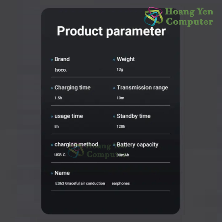 Tai nghe Bluetooth HOCO ES63 – Tai Nghe Thể Thao Air Conduction, Thoái Mái Khi Vận Động – BH 12 Tháng – Hoangyencomputer