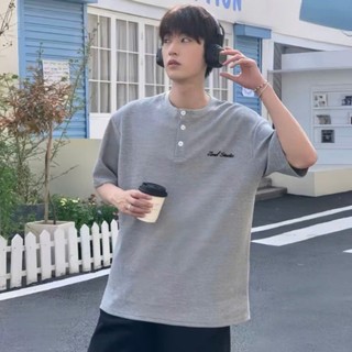 Áo Thun Nam Cổ Tàu Thêu Chữ Tay Ngắn 3 Cúc Chất Liệu Cotton Tổ Ong Thoáng Mát