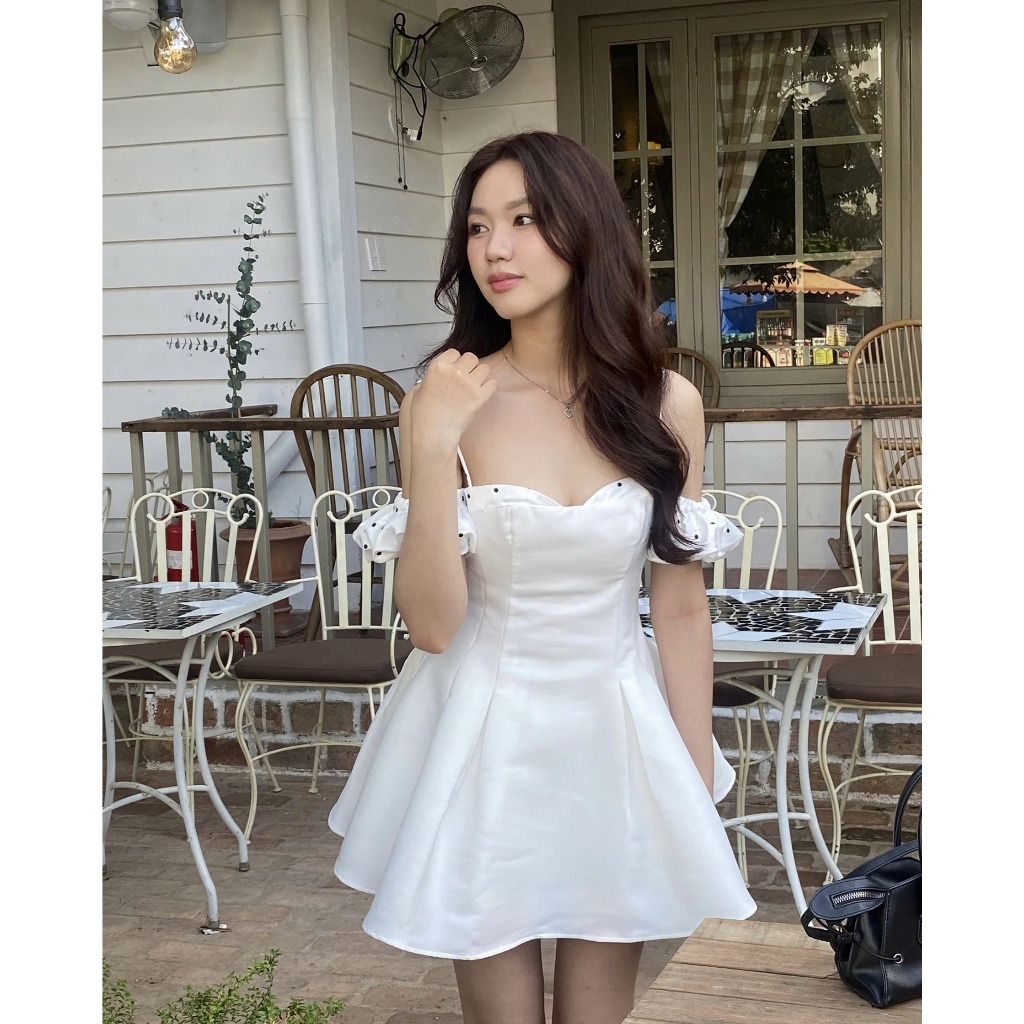 Đầm Nữ AGONIR Trễ Vai Chấm Bi Dự Tiệc Dễ Thương SECODEE