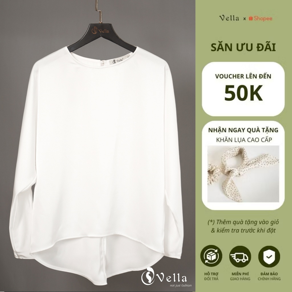 Áo sơ mi lụa trắng công sở tay cánh dơi dáng suông che bắp tay, dễ phối Vella VA25087