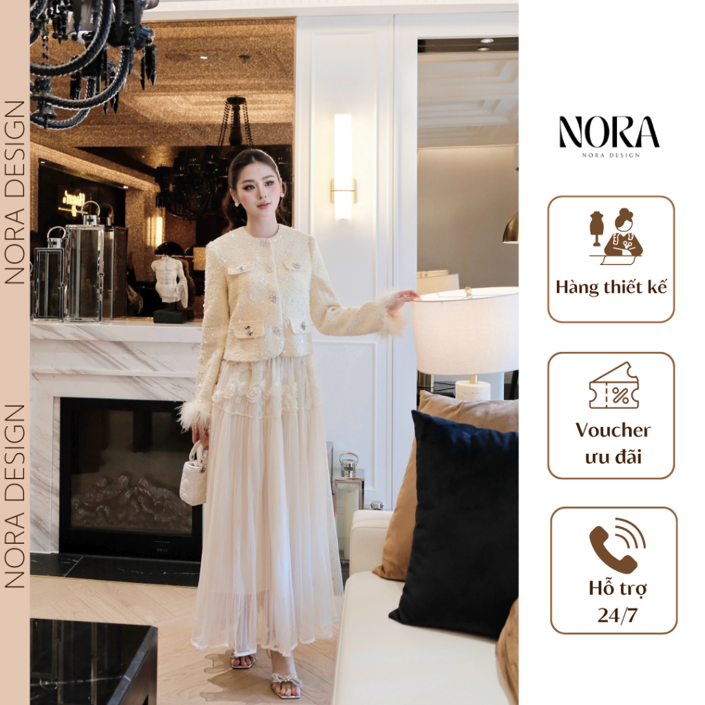 Set Váy Công Sở Thanh Lịch NORA, Áo Dạ Tweet Cao Cấp Đính Hoa, Tay Phối Lông Vũ, Chân Váy Tơ Dài Dập Ly Phối Ren S1014