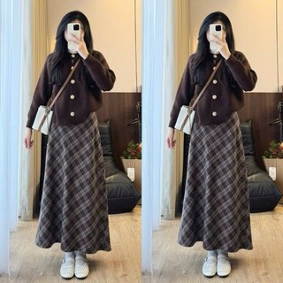 Chân váy caro nâu dáng midi vintage chất mềm có lót CVdakecaro3574