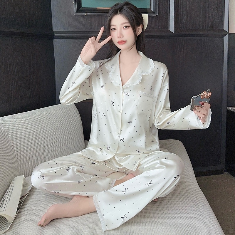 [Oder- Không có sẵn] Bộ đồ ngủ lụa băng chất lượng cao nữ  tinh khiết cardigan lụa dài tay quần dài khí chất bộ đồ nữ