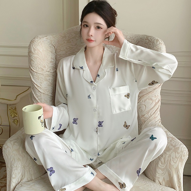 [Oder- Không có sẵn] Bộ đồ ngủ lụa băng chất lượng cao nữ  tinh khiết cardigan lụa dài tay quần dài khí chất bộ đồ nữ