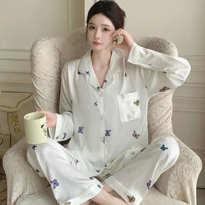 Bộ đồ ngủ lụa băng chất lượng cao nữ tinh khiết cardigan lụa dài tay quần dài khí chất bộ đồ nữ