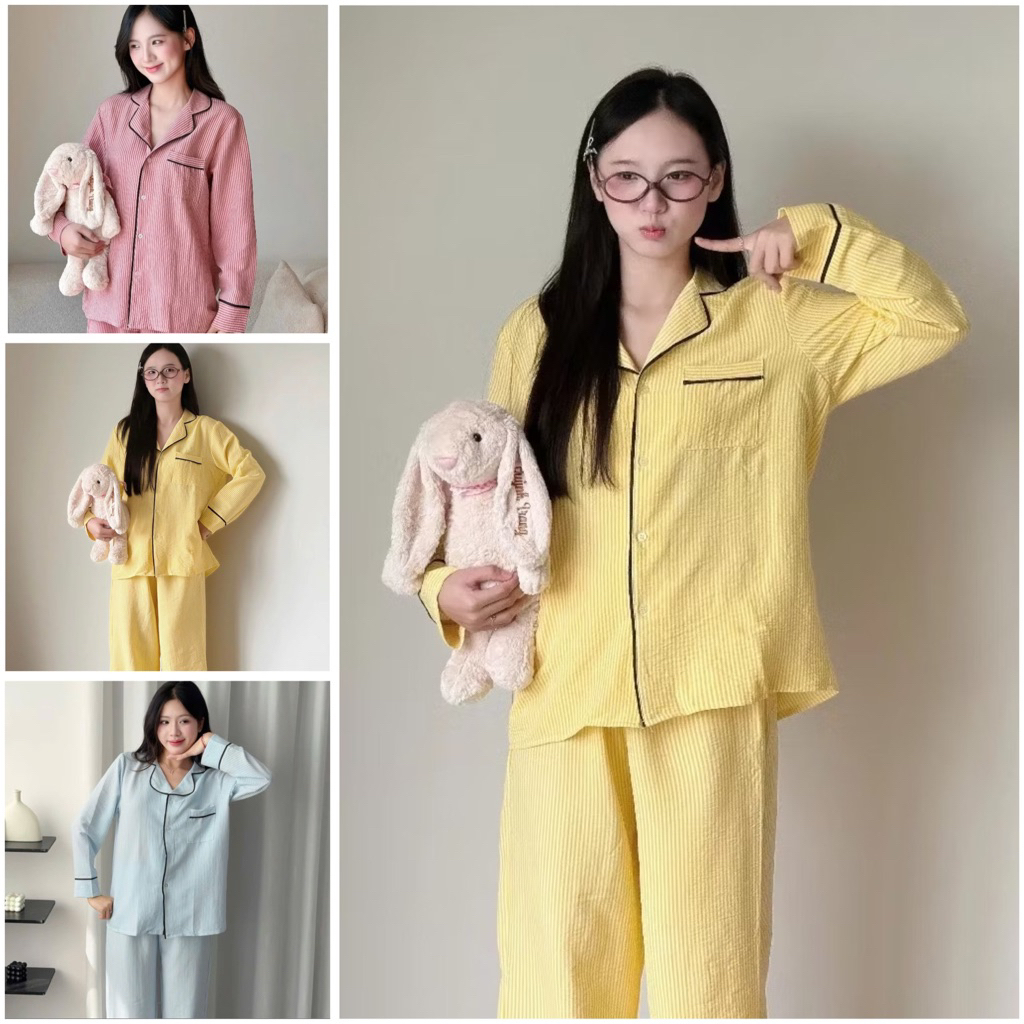 Bộ Đồ Mặc Nhà Dài Tay Kẻ Sọc Phối Viền Đen Vải Đũi Mềm Phong Cách Thanh Lịch