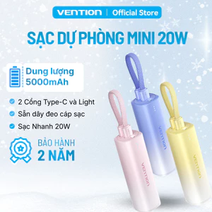 Sạc Dự Phòng 5000mAh 20W Vention PD Màu Gradient Độc Đáo - Nhỏ Bằng Thỏi Son Dây Treo Tiện Lợi 2 Cổng Vào (Type-C/Light)