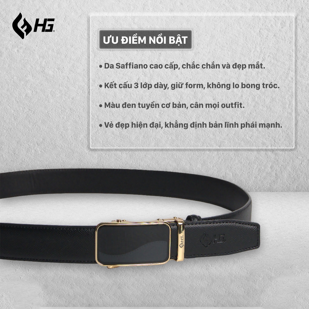 Thắt lưng nam da bò HG Fashion Saffiano 3 lớp khóa tự động cao cấp màu đen | TL25M12