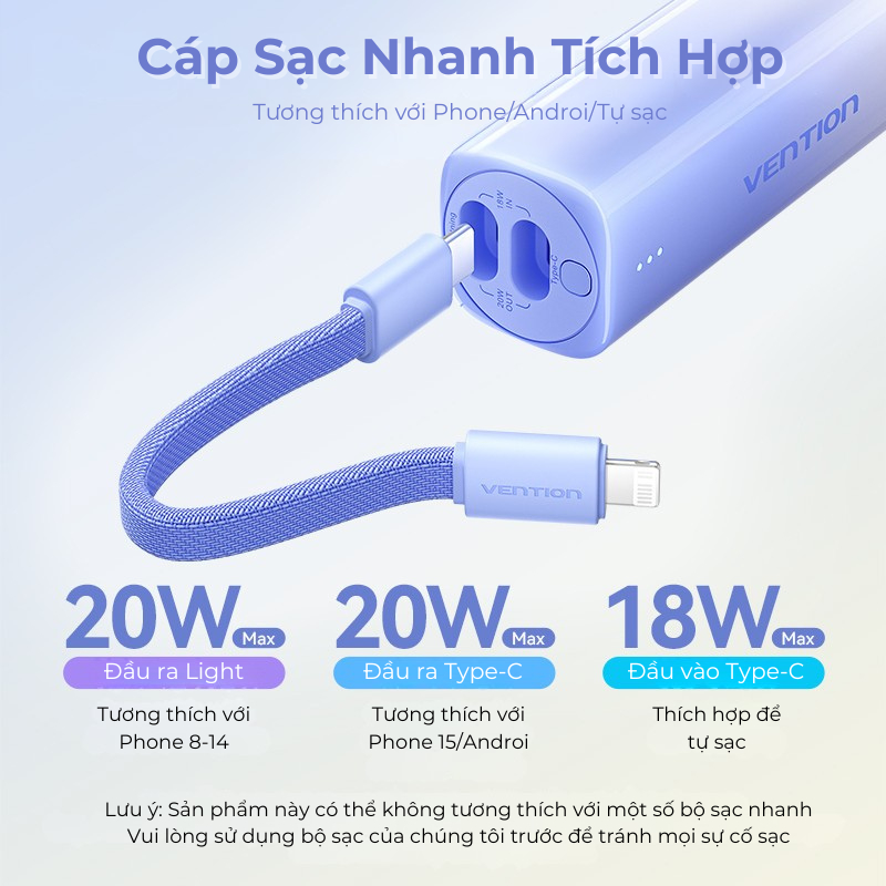 Sạc Dự Phòng 5000mAh 20W Vention PD Màu Gradient Độc Đáo - Nhỏ Bằng Thỏi Son Dây Treo Tiện Lợi 2 Cổng Vào (Type-C/Light)