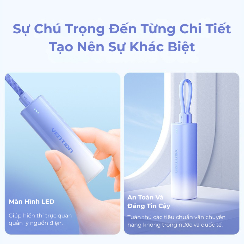 Sạc Dự Phòng 5000mAh 20W Vention PD Màu Gradient Độc Đáo - Nhỏ Bằng Thỏi Son Dây Treo Tiện Lợi 2 Cổng Vào (Type-C/Light)