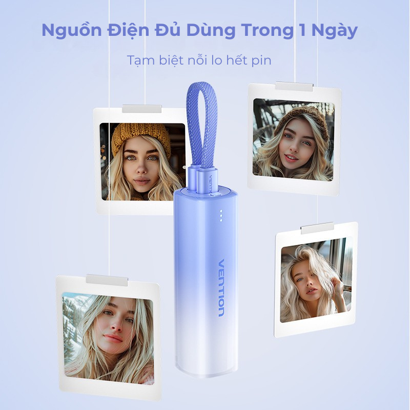 Sạc Dự Phòng 5000mAh 20W Vention PD Màu Gradient Độc Đáo - Nhỏ Bằng Thỏi Son Dây Treo Tiện Lợi 2 Cổng Vào (Type-C/Light)