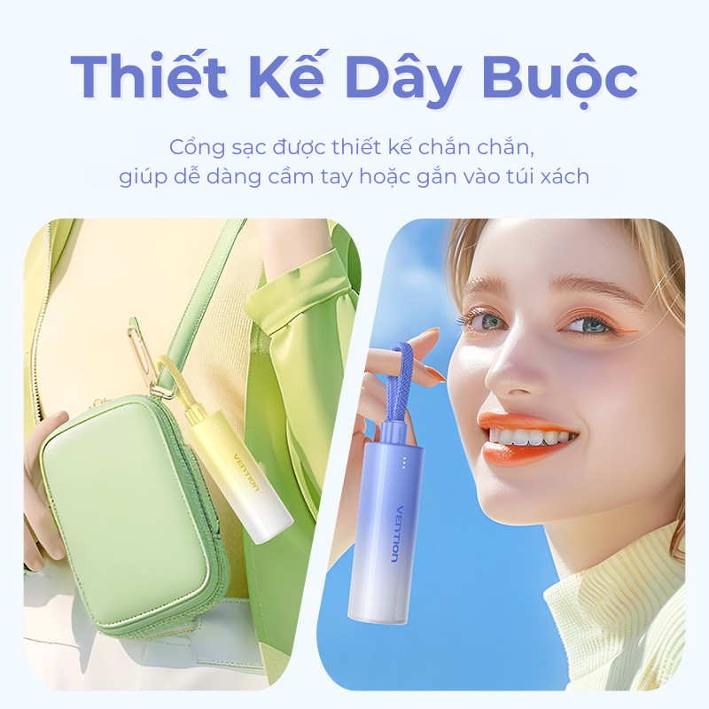 Sạc Dự Phòng 5000mAh 20W Vention PD Màu Gradient Độc Đáo - Nhỏ Bằng Thỏi Son Dây Treo Tiện Lợi 2 Cổng Vào (Type-C/Light)