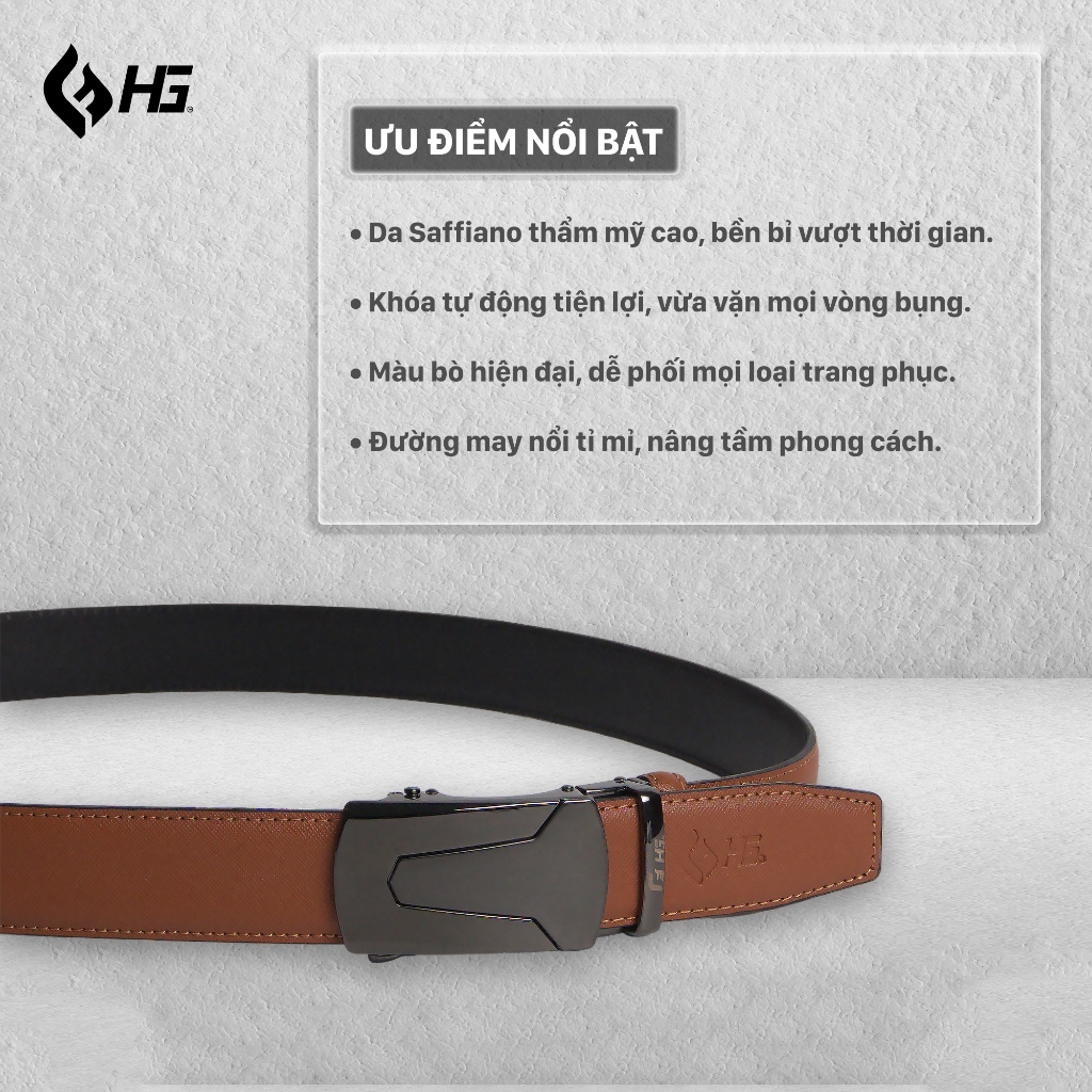 Thắt lưng nam da bò HG Fashion Saffiano 3 lớp khóa tự động màu bò cao cấp | TL25M11