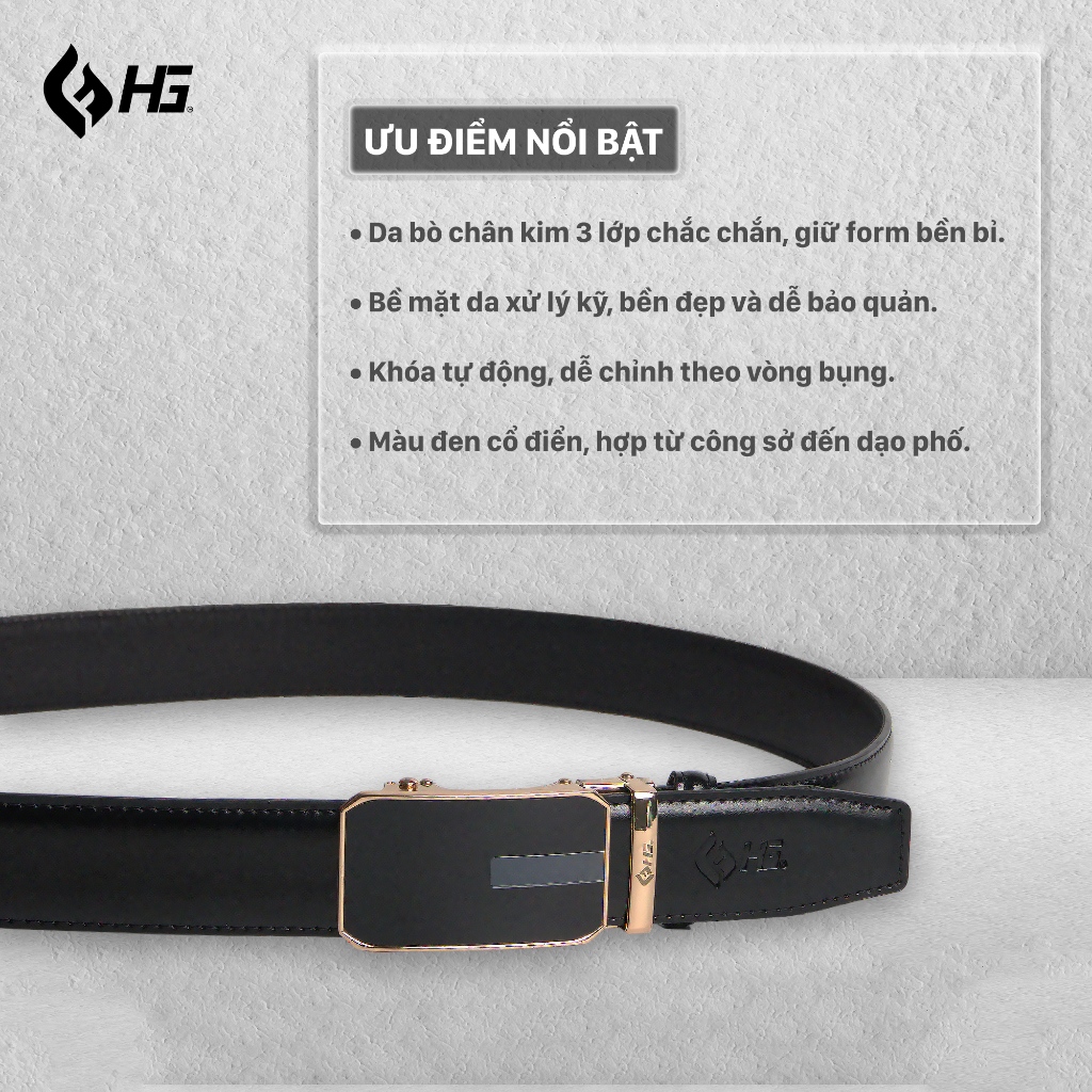 Thắt lưng nam da bò HG Fashion chân kim 3 lớp khóa tự động màu đen cao cấp | TL25M10