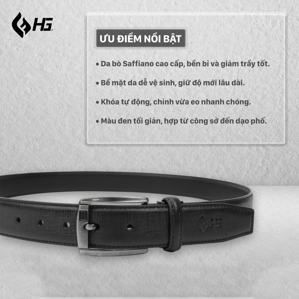 Thắt lưng nam da bò HG khóa kim vân Saffiano 3 lớp màu đen TL25M09