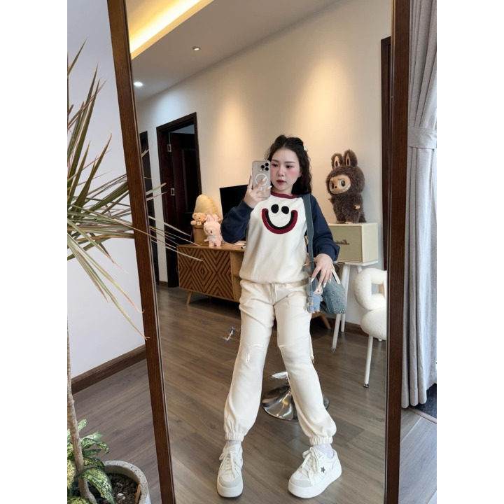 Set đồ nữ, đồ bộ nữ DONNA HCOM3276 áo phối 2 màu in hoạ tiết dễ thương mix quần suông bo gấu
