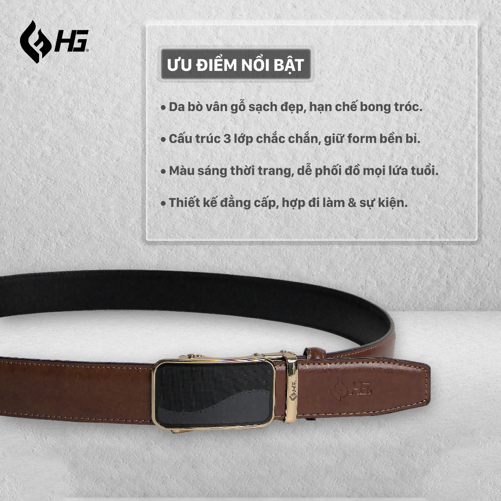 Thắt lưng nam da bò HG khóa tự động vân 3 lớp màu bò TL25M08