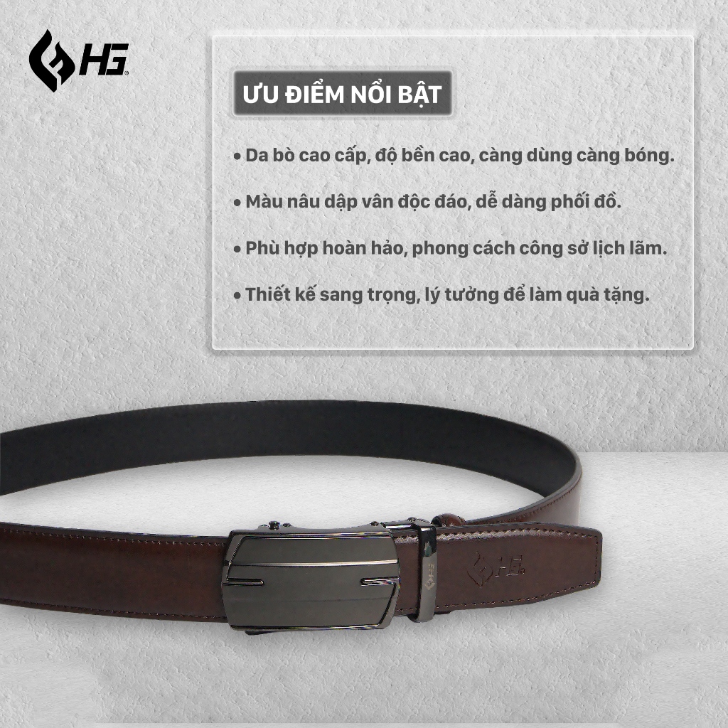 Thắt lưng nam da bò HG Fashion vân 3 lớp khóa tự động cao cấp màu nâu | TL25M07