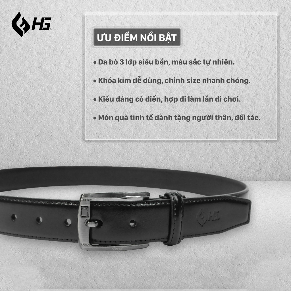 Thắt lưng nam da bò HG Fashion chân kim 3 lớp khóa kim cao cấp màu đen | TL25M06