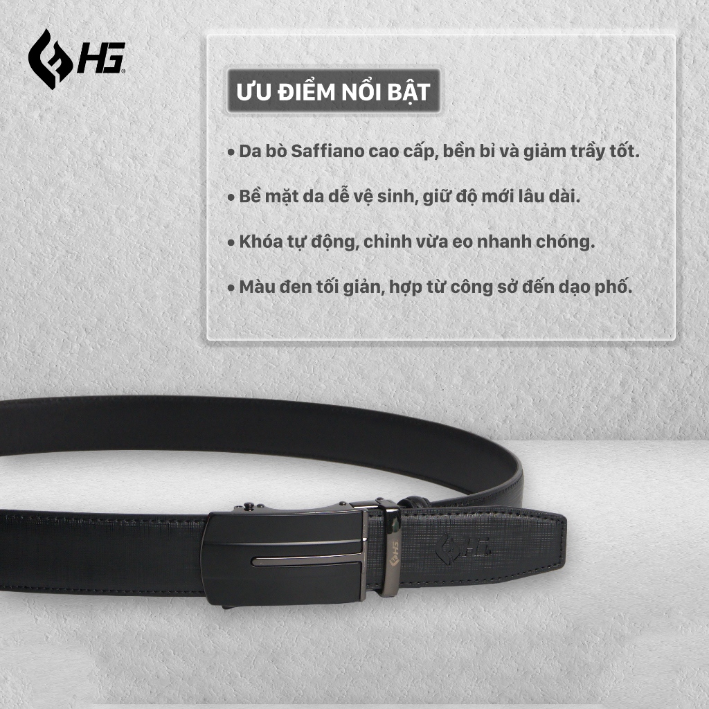 Thắt lưng nam da bò HG Fashion Saffiano 3 lớp khóa tự động cao cấp màu đen | TL25M05