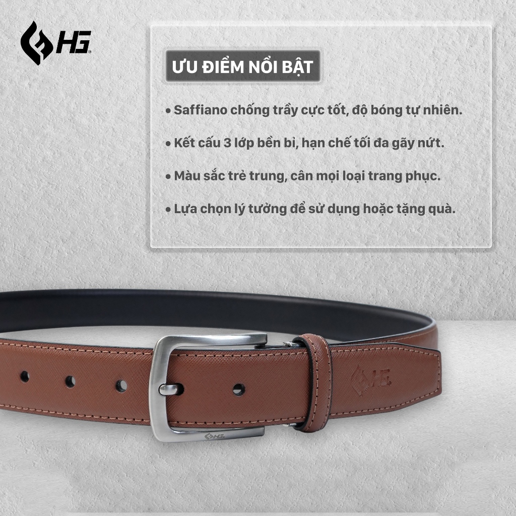 Thắt lưng nam da bò HG khóa kim vân Saffiano 3 lớp màu bò sáng TL25M04