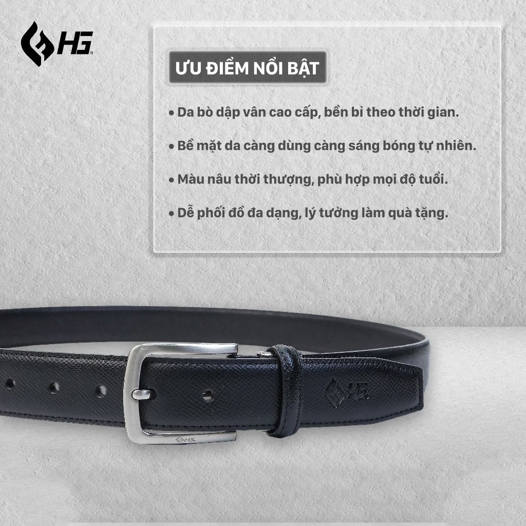 Thắt lưng nam da bò HG khóa kim vân hột 3 lớp màu đen TL25M02