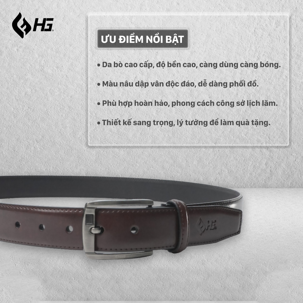 Thắt lưng nam da bò HG Fashion vân 3 lớp khóa kim cao cấp màu nâu | TL25M03