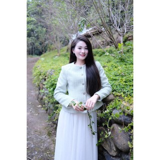 MIMI CLOTHING -Áo khoác tweed nữ xanh pastel phối nút ngọc sang trọng, dáng lửng