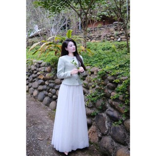 MIMI CLOTHING -Áo khoác tweed nữ xanh pastel phối nút ngọc sang trọng, dáng lửng