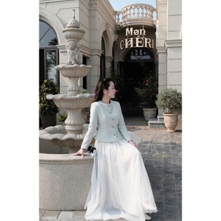 MIMI CLOTHING -Áo khoác tweed nữ xanh pastel phối nút ngọc sang trọng, dáng lửng